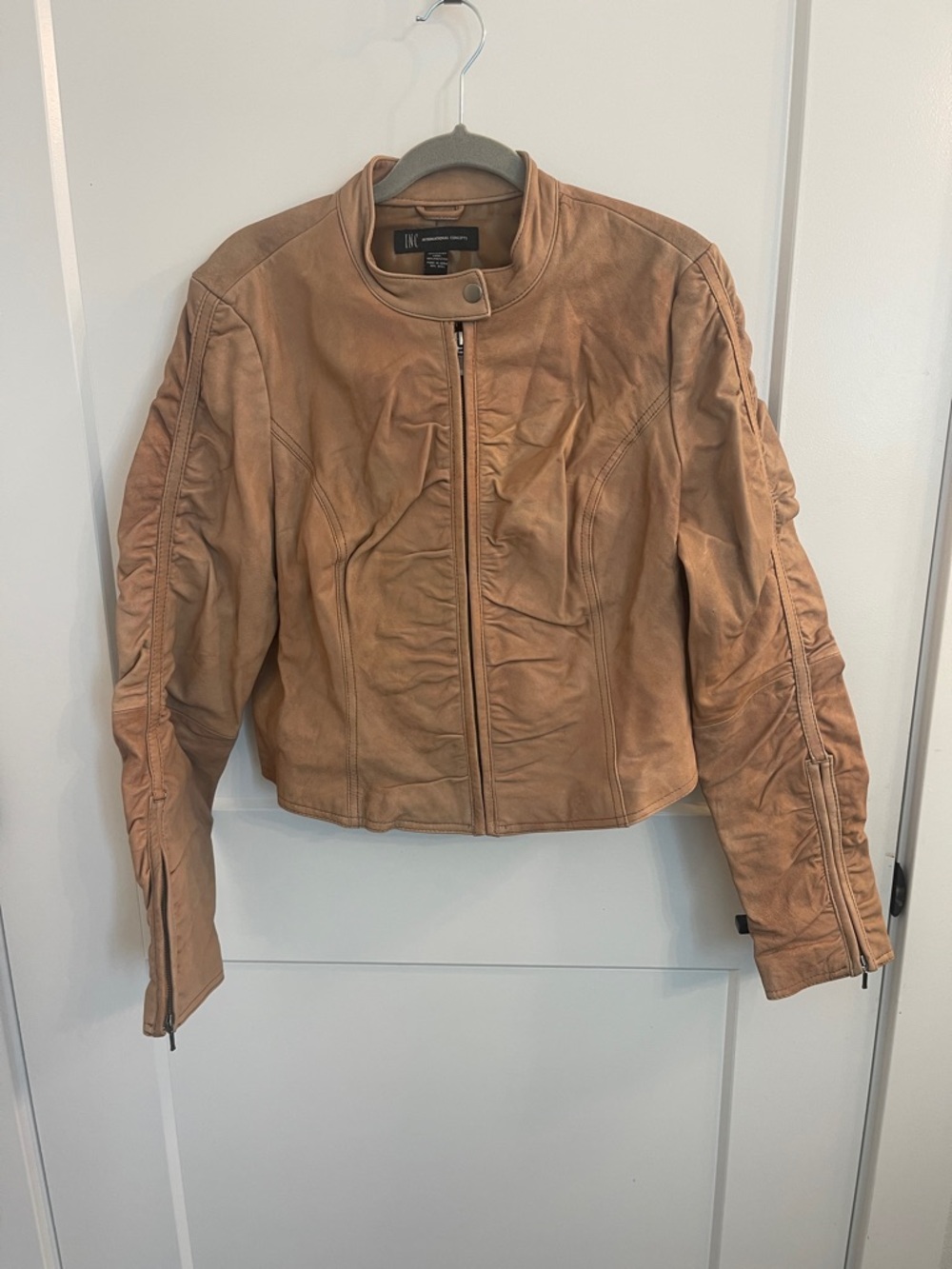INC Tan Leather Moto Jacket Womens Sz XL EUC